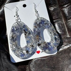 Blue and Silver Flower Confetti Resin Earrings